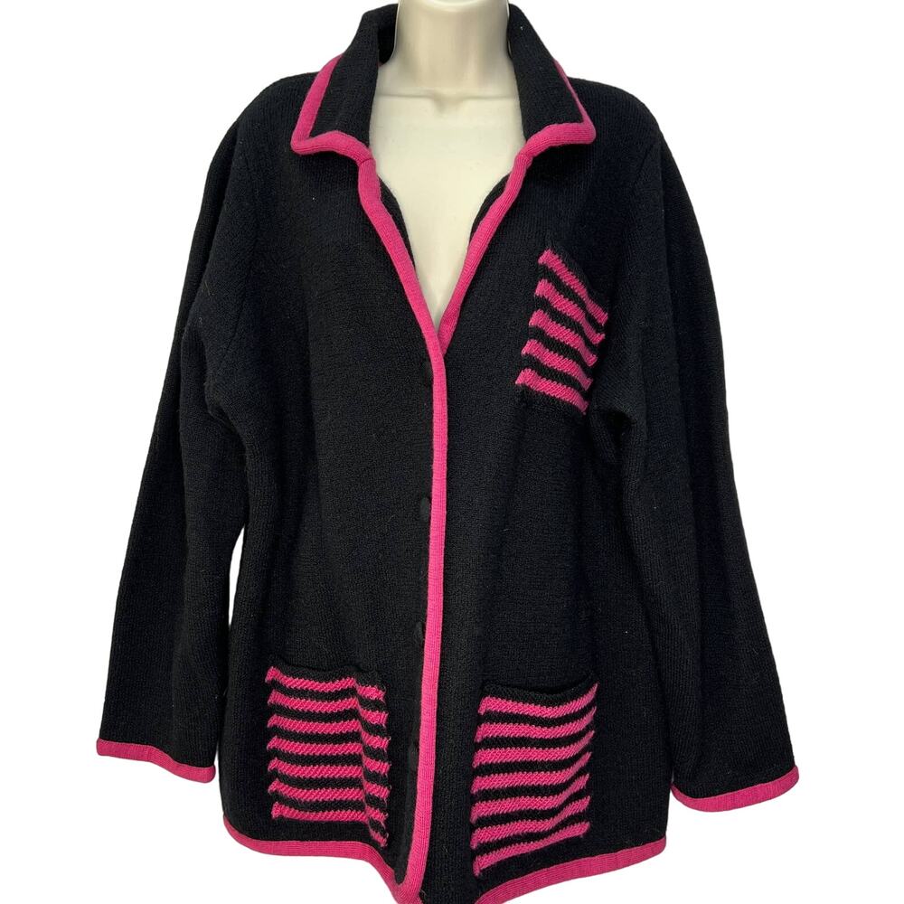 A Giannetti Womens Cardigan Sweater Black Pink Size 1X Wool Button Pockets